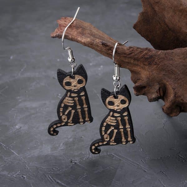 Wooden Black Skeleton Cat Drop Earrings