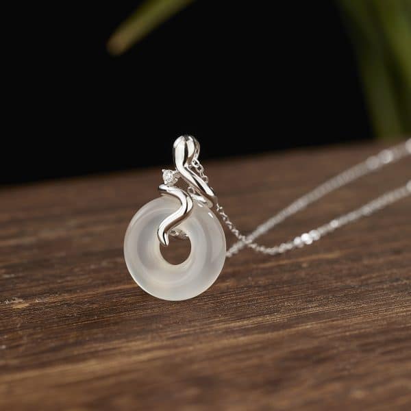 Women's Sterling Silver Snake White Jade Necklace