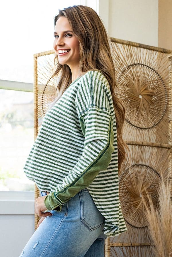 Green Stripe Thermal Knit Drop Shoulder Casual Top