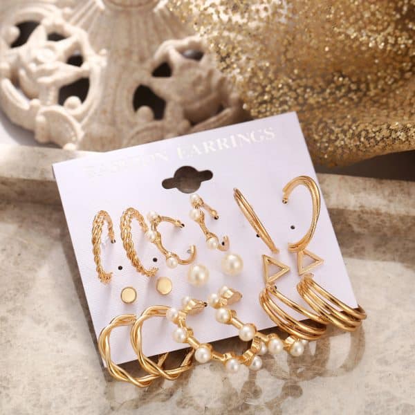 Nine Pairs Of Creative Retro Pearl Ring Earrings Set Summer Beauty