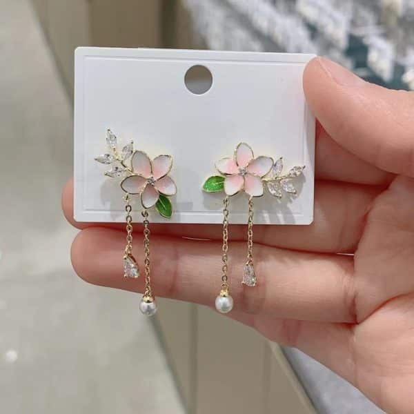 Micro Set Zircon Flower Long Pearl Tassel Earrings