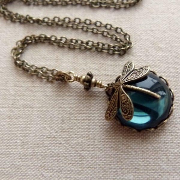 Vintage Bronze Hand Carved Dragonfly Pendant Necklaces For W