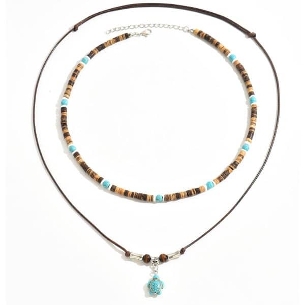 Coconut Shell Turquoise Leather Wax Line Necklace