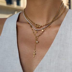 Classic Style 18K Gold Stainless Steel Necklace With White Diamond Eight-pointed Stars
