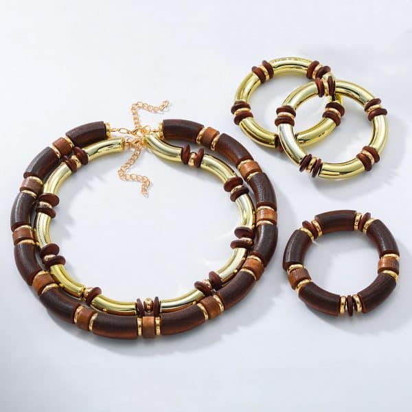 European And American Exaggerated Famous Brand Multi-layer Wooden Necklace, Bracelet Set
