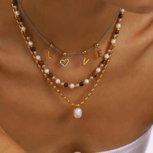 Stainless Steel Freshwater Pearl Tiger Eye Stone Pendant Bead Necklace