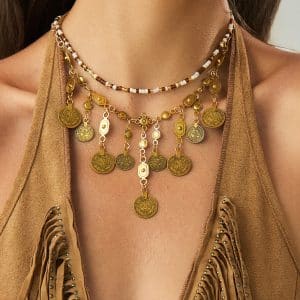 Metal Coin Pendant Tassel Bead Necklace