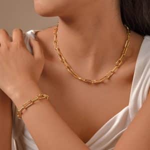 Stainless Steel Embossed Rectangular Bracelet Necklace Gold