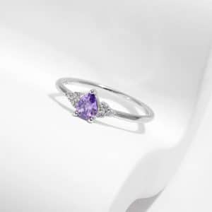 S925 Sterling Silver Light Luxury Rhinestone Purple Crystal Drop-shaped Ring
