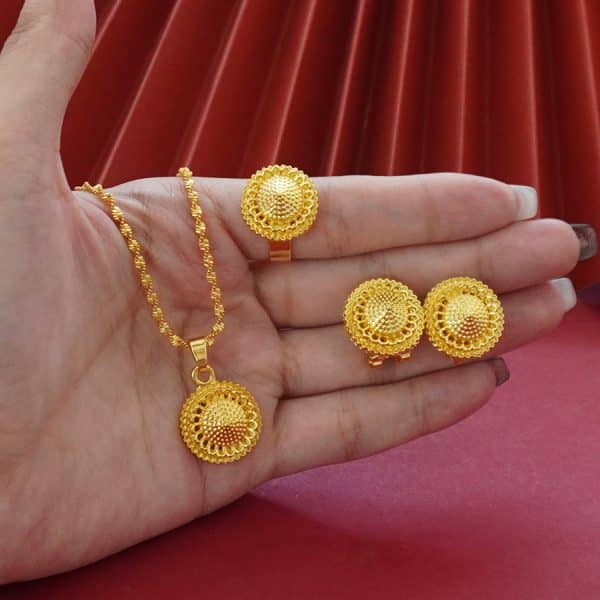 Landscape Middle East Flower Design Gold-plated Necklace Pendant Earring Ring Jewelry Suit