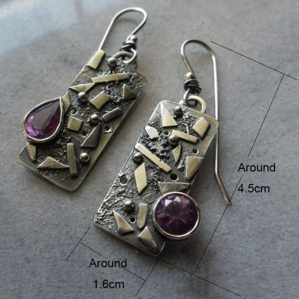Vintage Carved Geometric Square Water Drop Amethyst Earrings