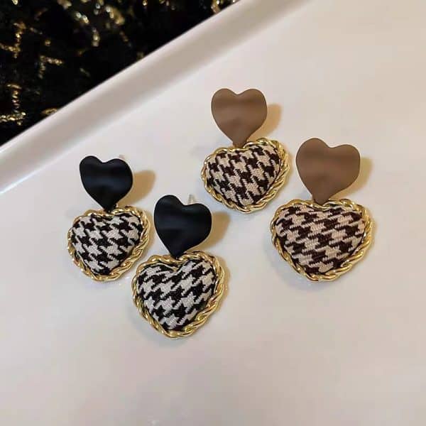 Women's Silver Post Heart Houndstooth Drop Earrings