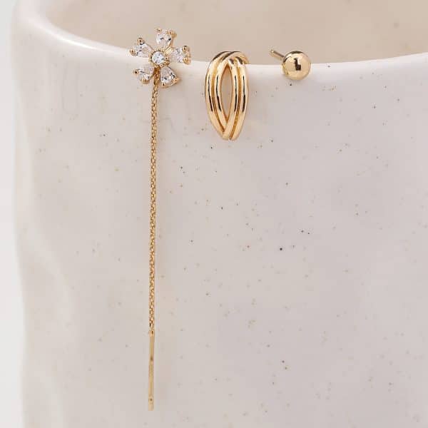 Gold Fashion Personality Small Irregular Flower Pin Three-piece Set Of Copper Micro-inlaid Zircon Earrings