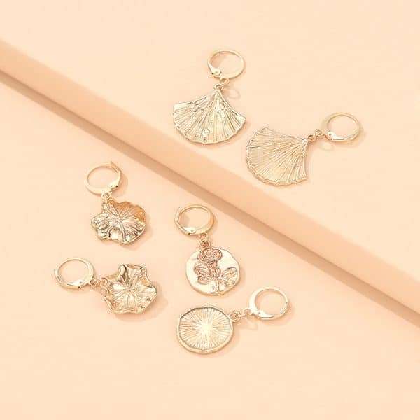 Set Of 3 Earrin Leaf Shape Earrings Coins Embossed