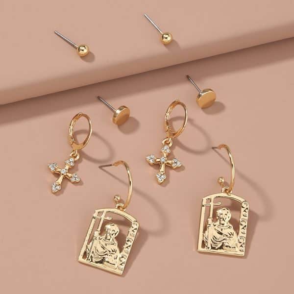 Hot selling hip-hop street accessories in Europe and America, diamond cross portrait tag earrings set earrings