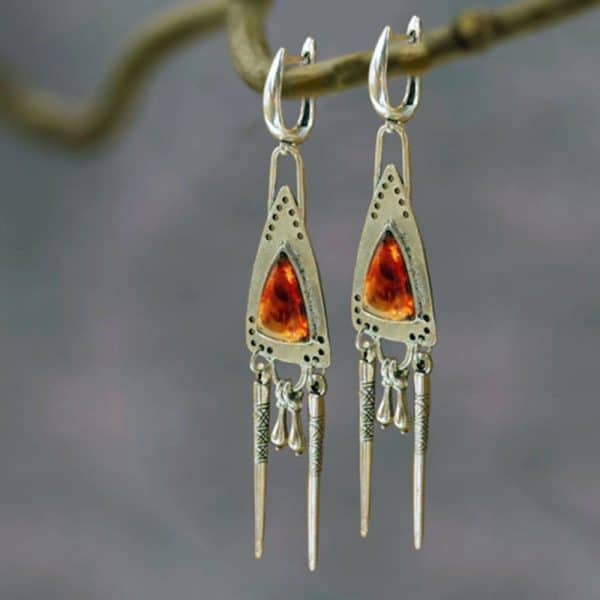 Women's Vintage Tribal Triangle Amber Drop Earrings