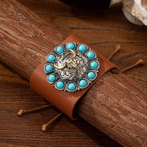 Vintage Western Denim Blue Turquoise Animal Leather Bracelet