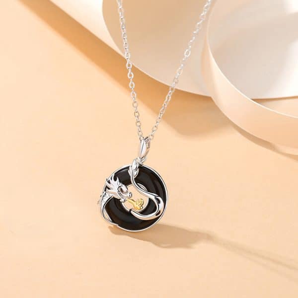 Sterling Silver Dragon And Phoenix Peace Buckle Men And Women Original Zodiac Dragon Black Onyx Necklace