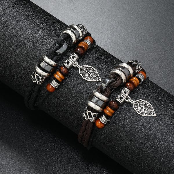 Woven Leaf Pendant Men's Leather Bracelet Simple