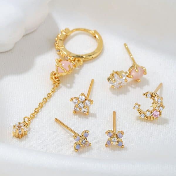 925 Silver Needle Flower Suit Combination Micro Zircon-encrusted Stud Earrings Six-piece Set Ornament