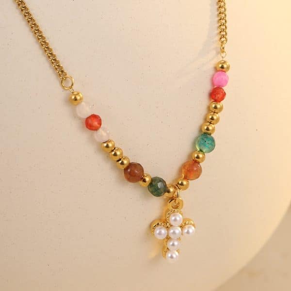 Titanium Steel Sun Cross Pendant Beaded Necklace