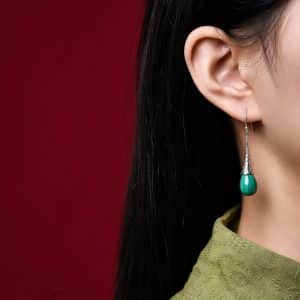 Women's Fashion Elegant Silver Malachite Drop Earrings