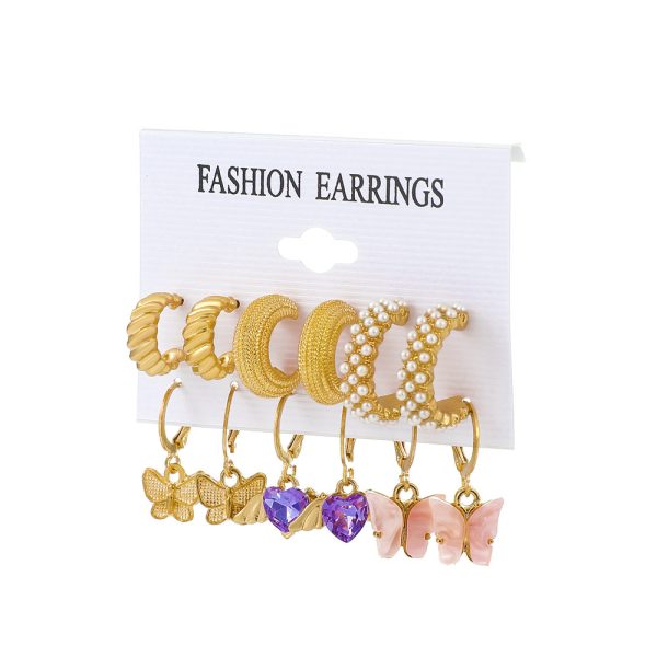 Women's Exaggerated Metal Butterfly Pearl Earrings Set