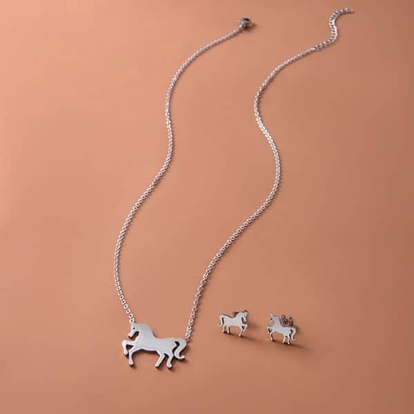 Stainless Steel Gold Silver Unicorn Horse Necklace Earrings Jewelry Set