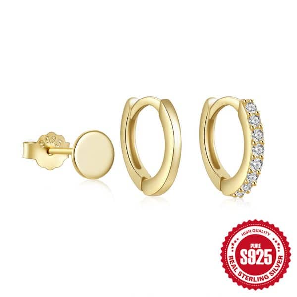 S925 Sterling Silver Fashion Simple Mini Geometric Glossy Round Eight-pointed Stars Single Row Zircon Set Earrings