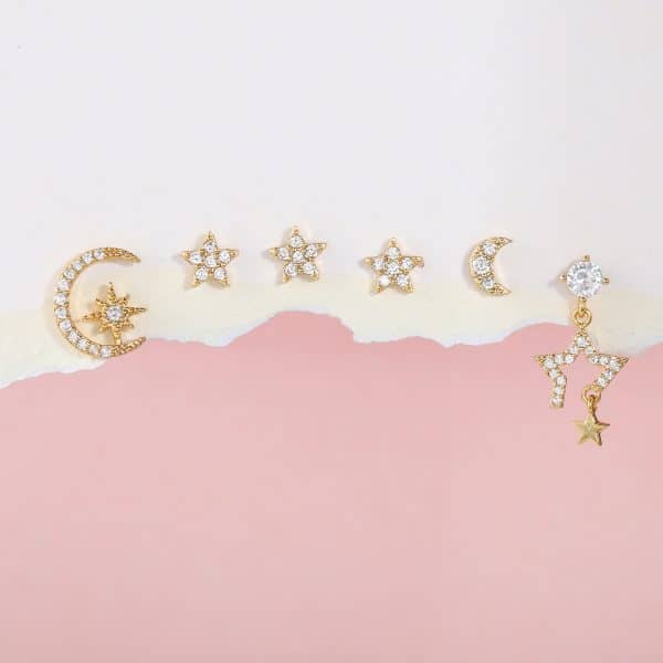 Pentagram Moon Combination Set Zircon Stud Earrings