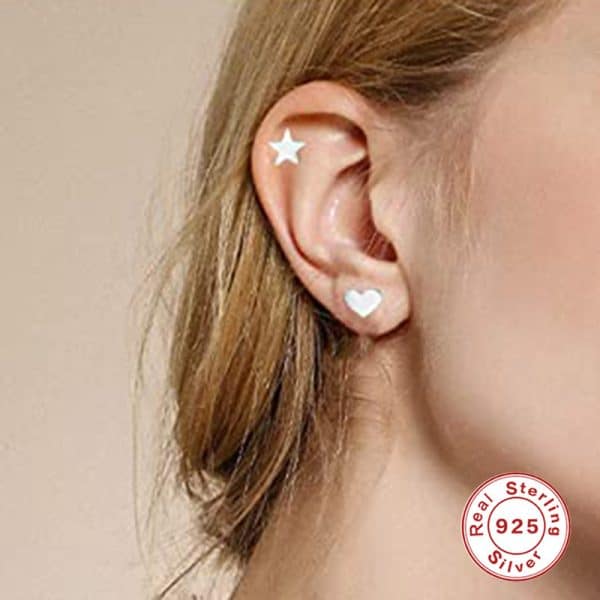 S925 Sterling Silver Compact Mini Geometric Heart-shaped Star Moon Set Ear Studs