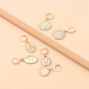 Set Of 3 Earrin Leaf Shape Earrings Coins Embossed