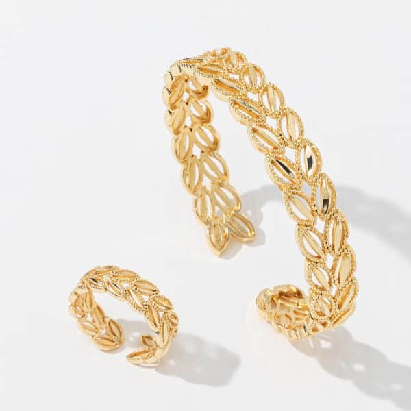 2Pcs Fashion 18k Gold Plated Wheat Ear Leaves Opening Bracelet Ring Set Suitable For Women's Daily Wear Holiday Jewelry Gifts