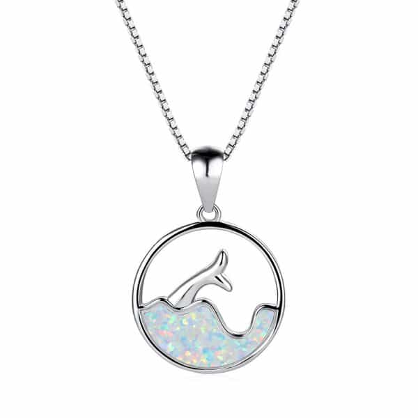 White Gold Round Blue Opal Sea Fishtail Necklace