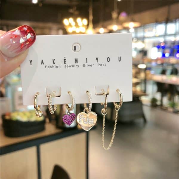 Rose Microset Heart Chain Set Of 6 Zircon Hoop Stud Earrings