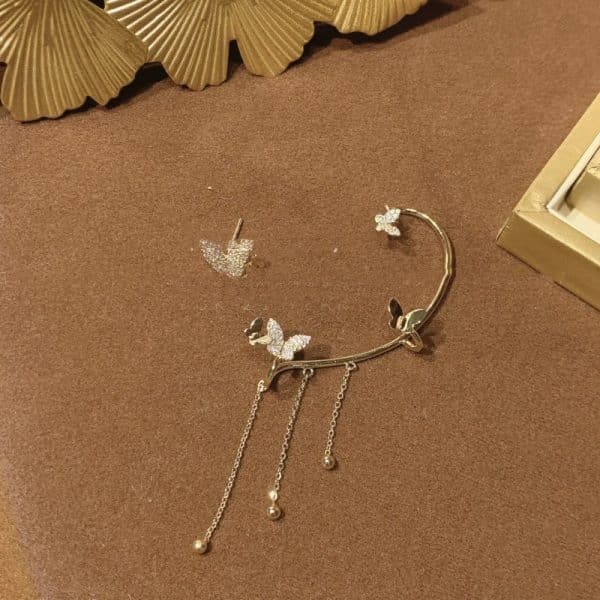 Silver Needle Micro-Set Asymmetric Butterfly Ear Cuff