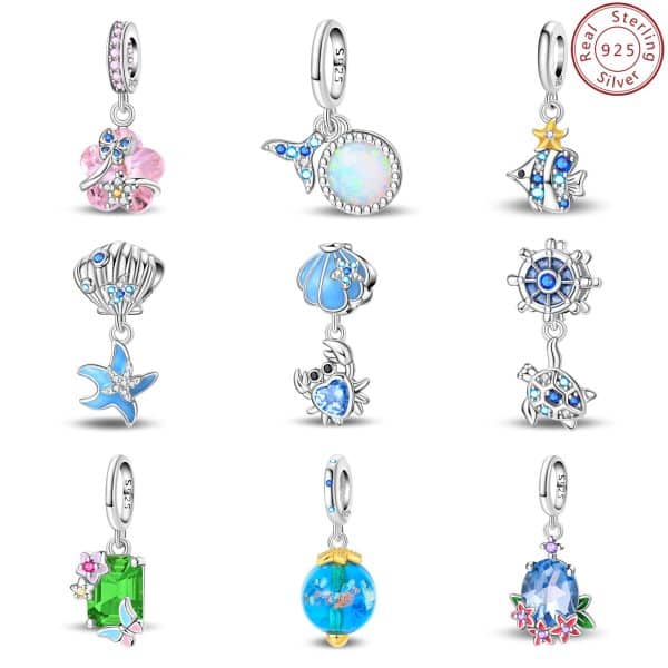 925 Sterling Silver Charm Ocean Starfish Crab Turtle Crystal Flower Bead Charm