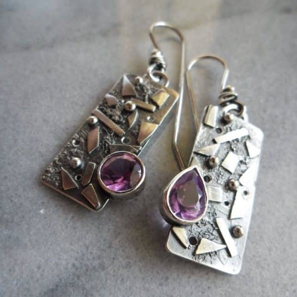 Vintage Carved Geometric Square Water Drop Amethyst Earrings