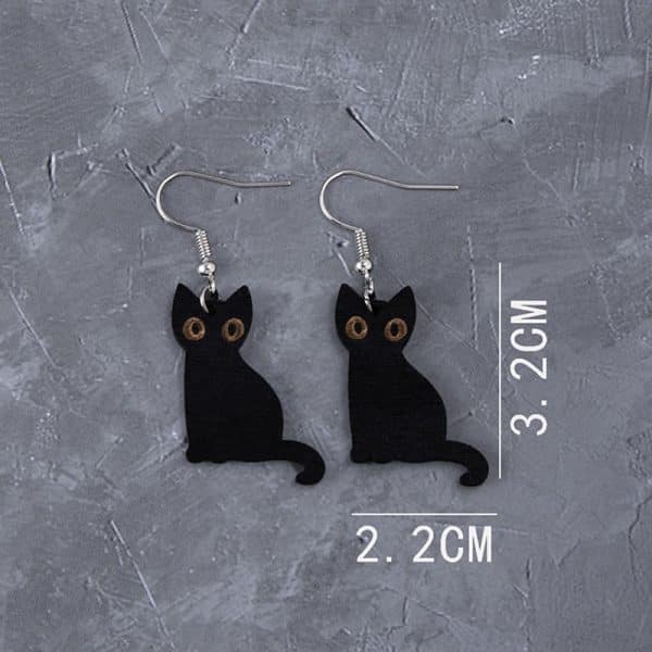 Wooden Black Skeleton Cat Drop Earrings