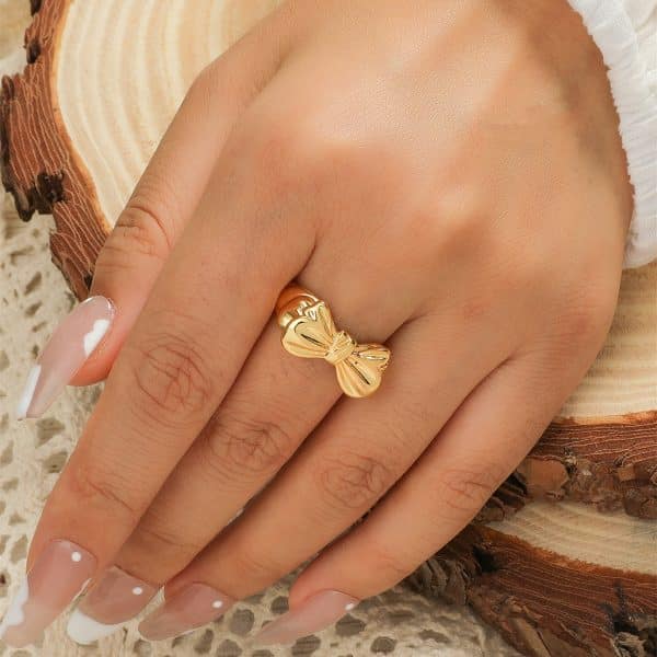 Brass Gold-plated Colorfast Simple Personality Bowknot Open Ring For Women