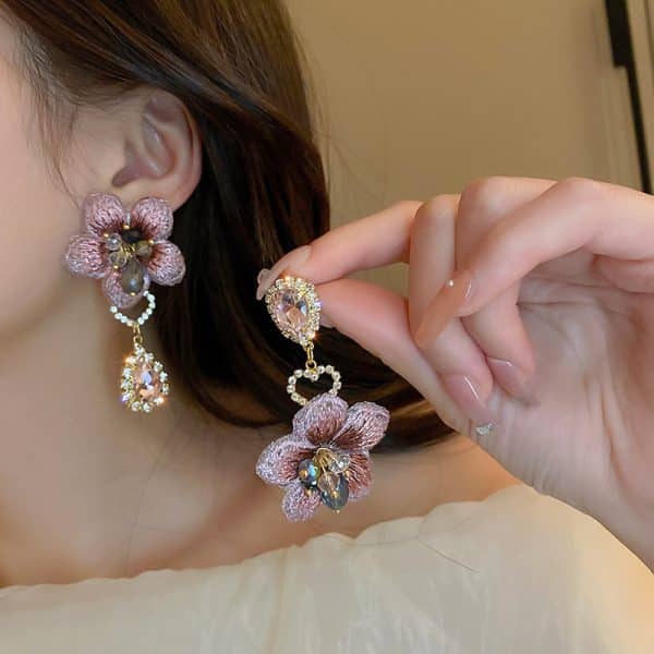 Asymmetrical Diamond Drop Crystal Flower 925 Silver Needle