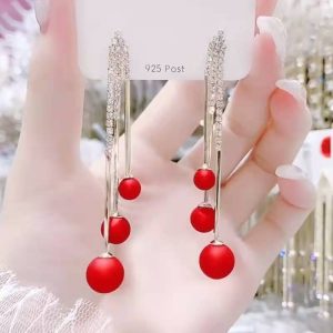 Silver Needle Red Pearl Tassel Drop Earrings
