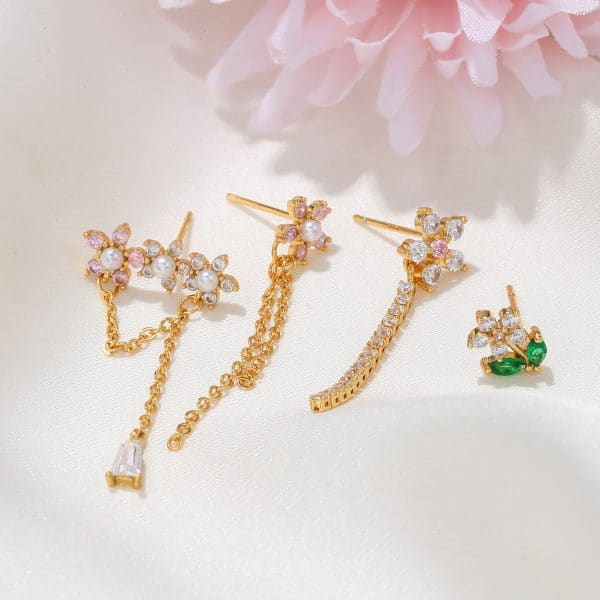 Flower Chain Stud Earrings Set Of Five