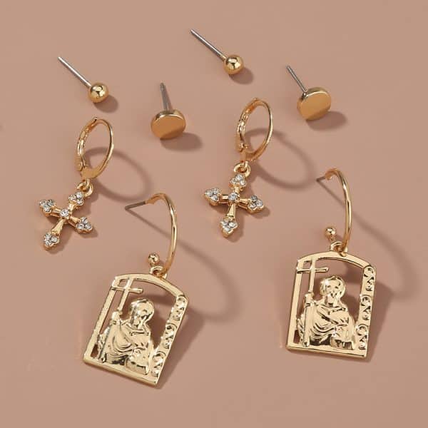 Hot selling hip-hop street accessories in Europe and America, diamond cross portrait tag earrings set earrings