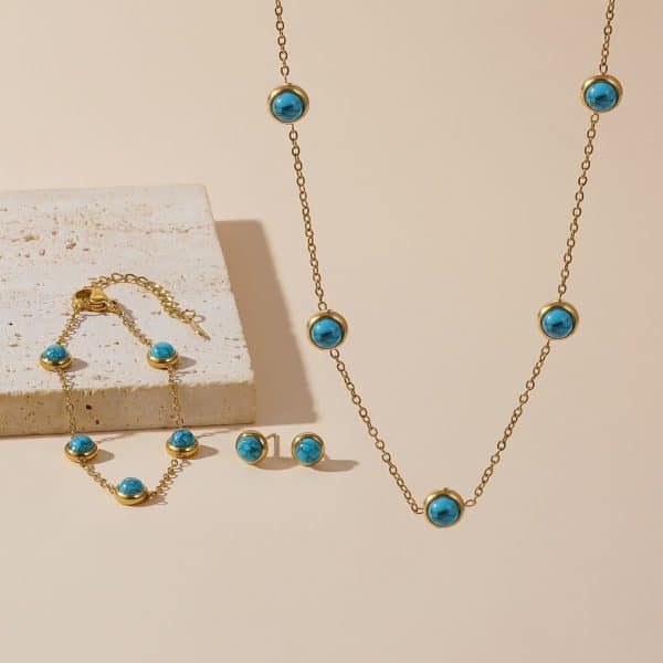 Simple All-match Titanium Steel Turquoise Collarbone Necklace Set