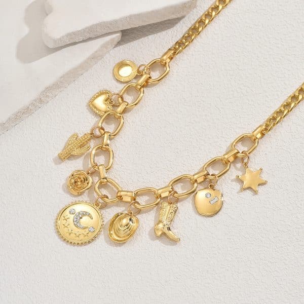 Geometric Heart-shaped Curved Moon Design Pendant Diamond Inlaid Clavicle Chain Versatile