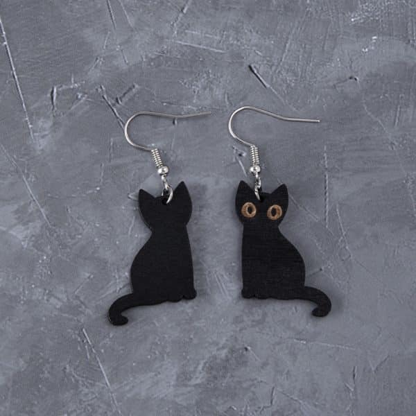 Wooden Black Skeleton Cat Drop Earrings