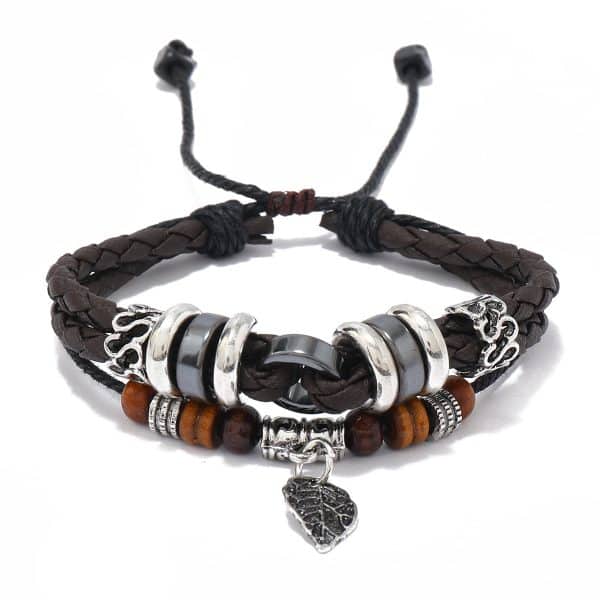 Woven Leaf Pendant Men's Leather Bracelet Simple