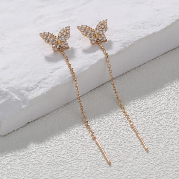 Butterfly Copper Micro Set Zircon Tassel Ear Line Femininity Senior Sense Long Tassel Face Thin Delicate Earrings