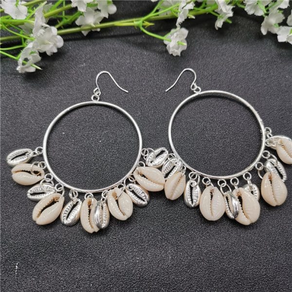 Boho Style Natural Shell Earrings Circle Tassel Pendant Earrings